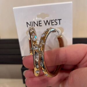 Nine West Gold Toned and Rhinestone Hoop Earrings